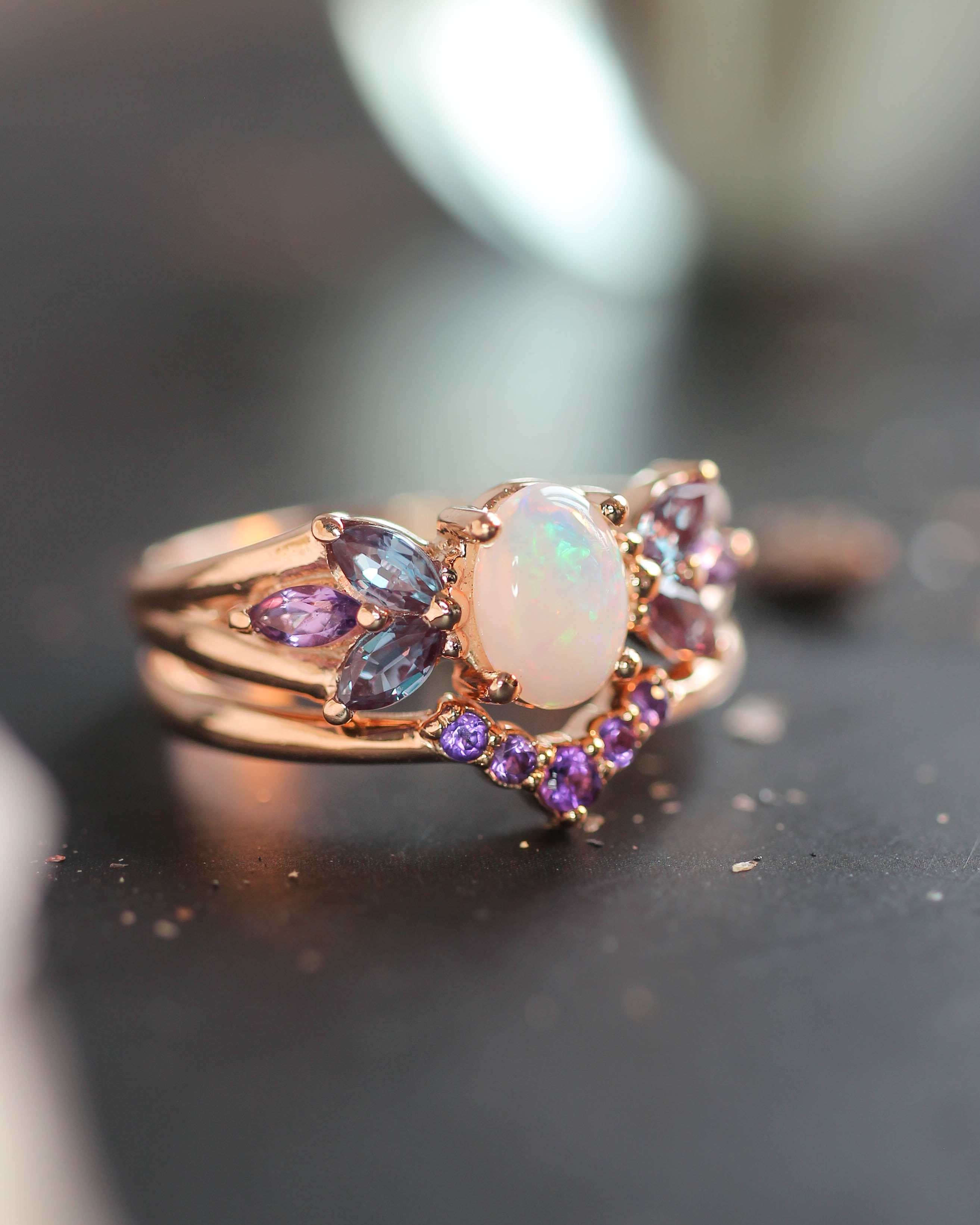 Vintage pear alexandrite engagement ring rose gold leaf flower amethys –  WILLWORK JEWELRY
